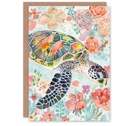 Artery8 Greeting Card Colourful Sea Turtle Marine Flowers Watercolour For Her Woman Birthday Card