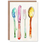 Artery8 Greeting Card Colourful Watercolour Cutlery Spoons Knife Fork Birthday Artery8 Multicolor