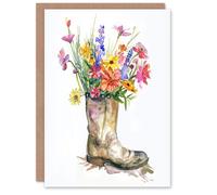 Artery8 Greeting Card Colourful Wildflower Bouquet in Army Boot Vase For Her Woman Birthday Card