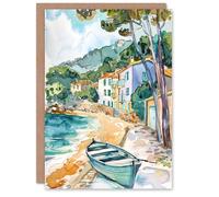 Artery8 Greeting Card Costa Brava Seaside Shore Boat Spain Watercolour Blank For Him Or Her Art Holiday Card