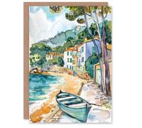 Artery8 Greeting Card Costa Brava Seaside Shore Boat Spain Watercolour Blank For Him Or Her Art Holiday Card