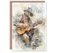 Artery8 Greeting Card Country Music Guitarist Watercolour Portrait Blank For All Him Or Her Art Birthday Card