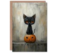 Artery8 Greeting Card Creepy Cat on Carved Pumpkin Face Grunge Blank For All Halloween Card