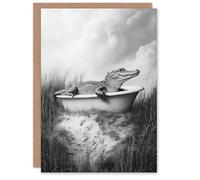 Artery8 Greeting Card Cute Alligator in Bathtub Black White Fun Cheeky Blank For Him Or Her Art Birthday Card