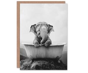Artery8 Greeting Card Cute Baby Elephant In Bathtub Black White Surreal Blank For Him Or Her Art Birthday Card