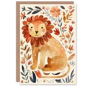 Artery8 Greeting Card Cute Baby Lion Rustic Floral Watercolour For Her Woman Birthday Card