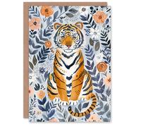 Artery8 Greeting Card Cute Baby Tiger in Floral Pattern Blue Design For Her Woman Birthday Card