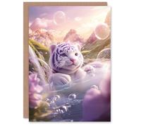 Artery8 Greeting Card Cute Baby White Tiger Purple Bubble Pond Fantasy For Child Kids Birthday Card