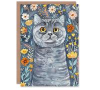 Artery8 Greeting Card Cute Blue British Shorthair Cat Lover Floral Pet For Her Woman Birthday Card