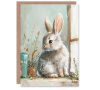 Artery8 Greeting Card Cute Bunny Rabbit on Window Sill Rustic Painting Blank For Him Or Her Art Birthday Card
