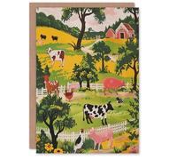 Artery8 Greeting Card Cute Farm Animals Cow Pig Chickens Painting Blank For Him Or Her Art Birthday Card