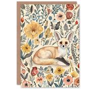 Artery8 Greeting Card Cute Fennec Fox Boho Flower Pattern Watercolour For Her Woman Birthday Card