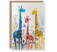 Artery8 Greeting Card Cute Giraffe Family Blue Orange Pink Watercolour Artery8 Multicolor