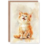 Artery8 Greeting Card Cute Happy Fluffy Ragdoll Kitten Orange Cat Lover Blank For Him Or Her Art Birthday Card