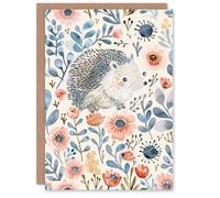 Artery8 Greeting Card Cute Hedgehog with Blue Pink Flowers Watercolour Artery8 Multicolor