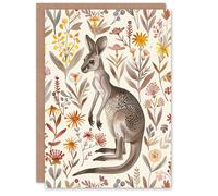 Artery8 Greeting Card Cute Kangaroo with Wildflowers Bright Folk Art Blank For Him Or Her Art Birthday Card