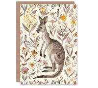 Artery8 Greeting Card Cute Kangaroo with Wildflowers Bright Folk Art Blank For Him Or Her Art Birthday Card