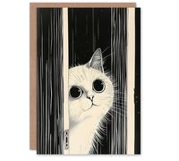 Artery8 Greeting Card Cute Kitty Black White Cat Lover Pet Painting Blank For Him Or Her Art Birthday Card