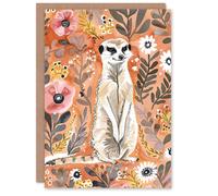 Artery8 Greeting Card Cute Meerkat with Wildflowers Orange Watercolour For Her Woman Birthday Card