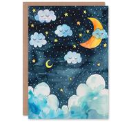 Artery8 Greeting Card Cute Night Sky Stars Moon and Sleeping Clouds For Child Kids Birthday Card