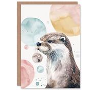 Artery8 Greeting Card Cute Otter Portrait Modern Watercolour Bubbles Blank For All Him Or Her Art Birthday Card