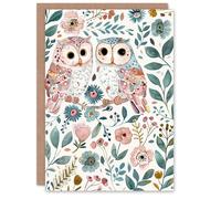 Artery8 Greeting Card Cute Owl Couple Pastel Colour Floral Watercolour Artery8 Multicolor