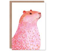 Artery8 Greeting Card Cute Pink Capybara White Gold Polka Dot Fur Coat For Her Woman Birthday Card