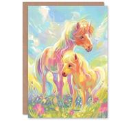Artery8 Greeting Card Cute Rainbow Ponies in Flower Meadow Cartoon For Child Kids Birthday Card