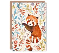 Artery8 Greeting Card Cute Red Panda in Botanical Pastel Colour Pattern For Her Woman Birthday Card