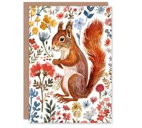 Artery8 Greeting Card Cute Red Squirrel Bright Floral Watercolour For Her Woman Birthday Card