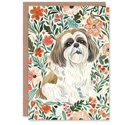Artery8 Greeting Card Cute Shih Tzu Dog Lover Rustic Floral Portrait For Her Woman Birthday Card