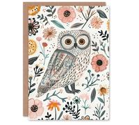Artery8 Greeting Card Cute Tawny Owl with Flowers Bright Watercolour For Child Kids Birthday Card