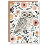 Artery8 Greeting Card Cute Tawny Owl with Flowers Bright Watercolour For Child Kids Birthday Card