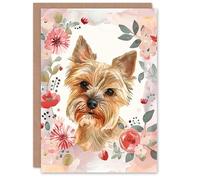 Artery8 Greeting Card Cute Teacup Yorkshire Terrier Dog Pink Floral For Her Woman Birthday Card