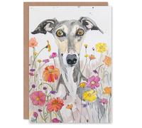 Greeting Card Cute Whippet in Wildflowers Dog Lover Watercolour Artery8 Grey One Size