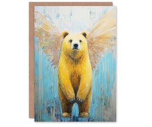 Artery8 Greeting Card Cute Yellow Bear With Angel Wings Oil Painting Blank For Him Or Her Art Birthday Card