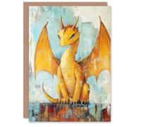 Artery8 Greeting Card Cute Yellow Dragon with Big Wings Oil Painting Blank For Him Or Her Art Birthday Card