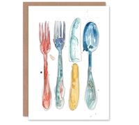 Artery8 Greeting Card Cutlery Fork Knife Spoon Bright Happy Watercolour Blank For Him Or Her Art Birthday Card