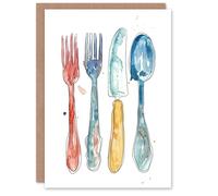 Artery8 Greeting Card Cutlery Fork Knife Spoon Bright Happy Watercolour Blank For Him Or Her Art Birthday Card
