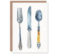 Artery8 Greeting Card Cutlery Fork Spoon and Knife Bright Watercolour Blank For Him Or Her Art Birthday Card