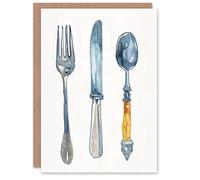 Artery8 Greeting Card Cutlery Fork Spoon and Knife Bright Watercolour Blank For Him Or Her Art Birthday Card