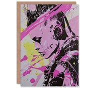 Artery8 Greeting Card Cyberpunk Woman Portrait Hot Pink Modern Blank For Him Or Her Art Birthday Card