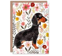 Artery8 Greeting Card Dachshund Sausage Dog Lover Floral Watercolour For Her Woman Birthday Card
