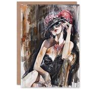 Artery8 Greeting Card Dark Modern Flapper Girl Venetian Mask Portrait For Her Woman Birthday Card