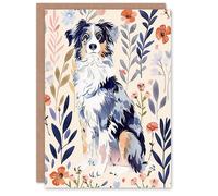Artery8 Greeting Card Dog Lover Australian Sheepdog Floral Portrait For Her Woman Birthday Card