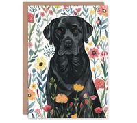 Artery8 Greeting Card Dog Lover Black Labrador in Wildflower Field Blank For Him Or Her Art Birthday Card