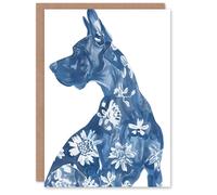 Artery8 Greeting Card Dog Lover Blue Great Dane with Floral Pattern Blank For Him Or Her Art Birthday Card