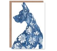 Artery8 Greeting Card Dog Lover Blue Great Dane with Floral Pattern Blank For Him Or Her Art Birthday Card