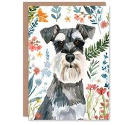 Artery8 Greeting Card Dog Lover Miniature Schnauzer Floral Portrait For Her Woman Birthday Card