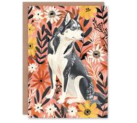 Artery8 Greeting Card Dog Lover Siberian Husky Rustic Pink Floral Blank For Him Or Her Art Birthday Card